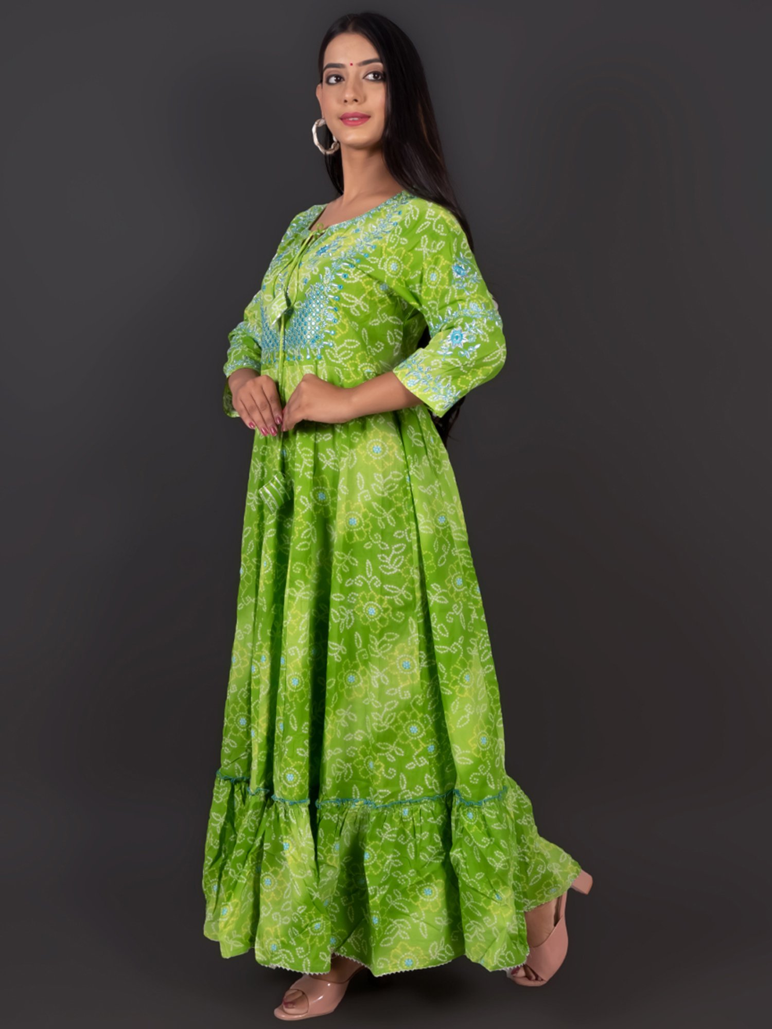 Zolo Label Green Cotton Embroidery Maxi Dress With Dupatta