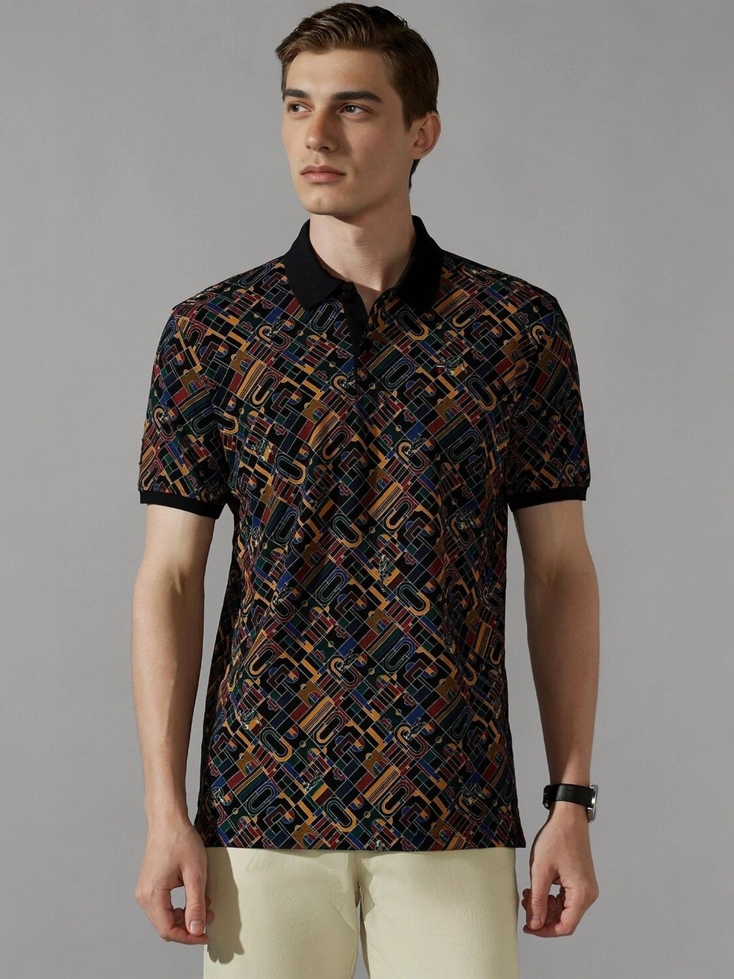 Louis Philippe Multicolored Cotton Slim Fit Printed Polo T-Shirt