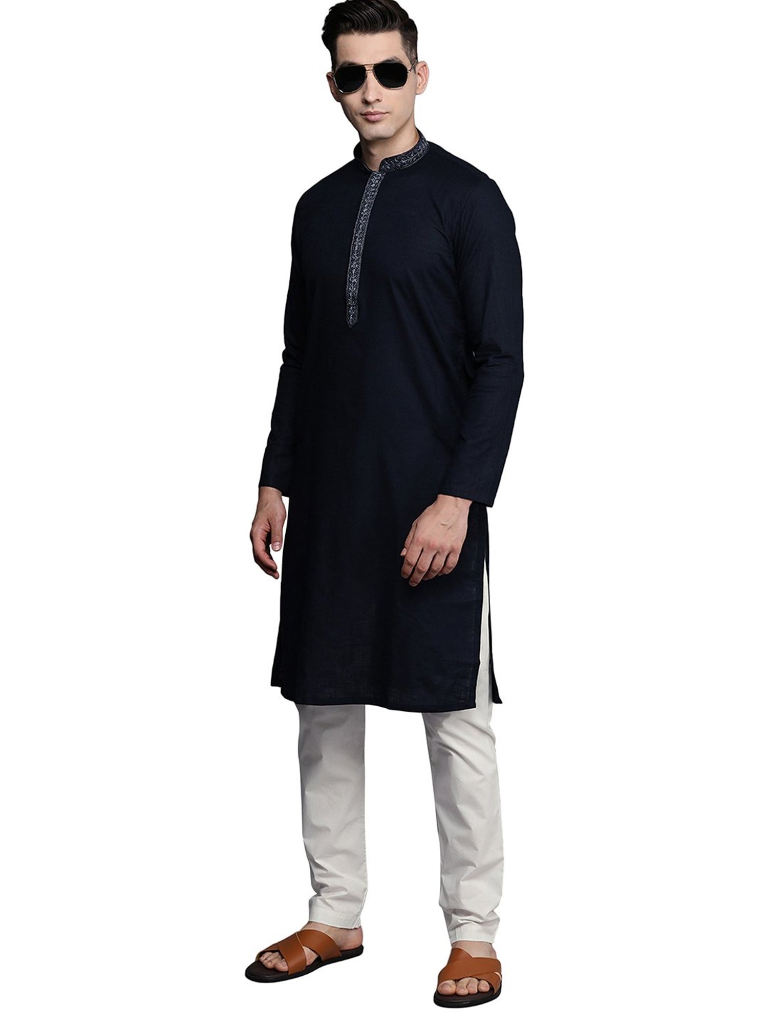Manyavar Navy & White Self Design Kurta & Churidar Set