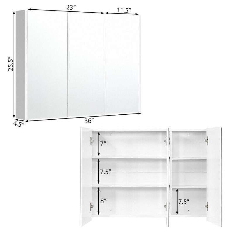 36" Wide Wall Mount Mirrored Bathroom Medicine Cabinet Triple Mirror Door