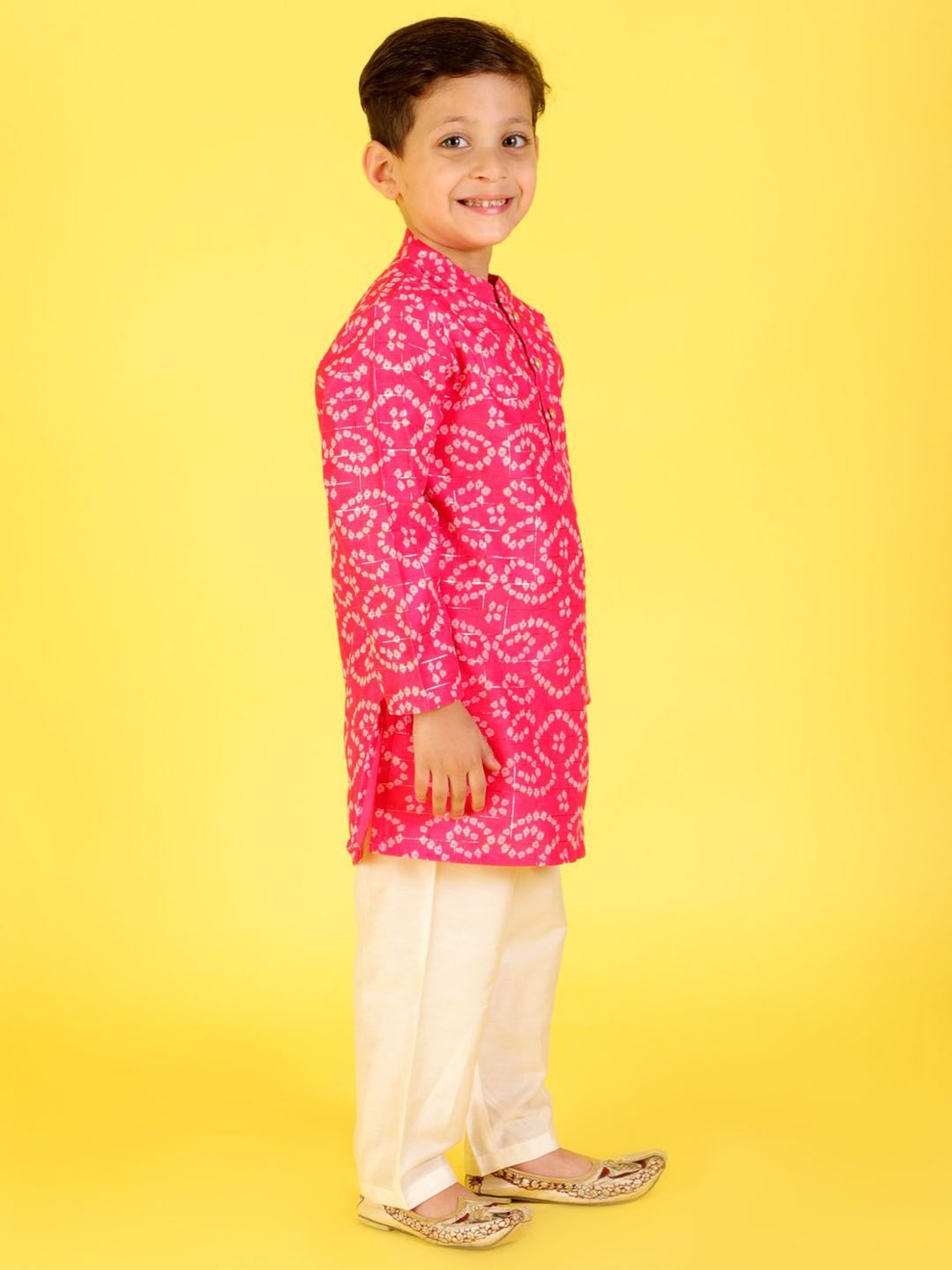 Lil Drama Kids Pink with White Printed Full Sleeves Kurta with Pyjamas