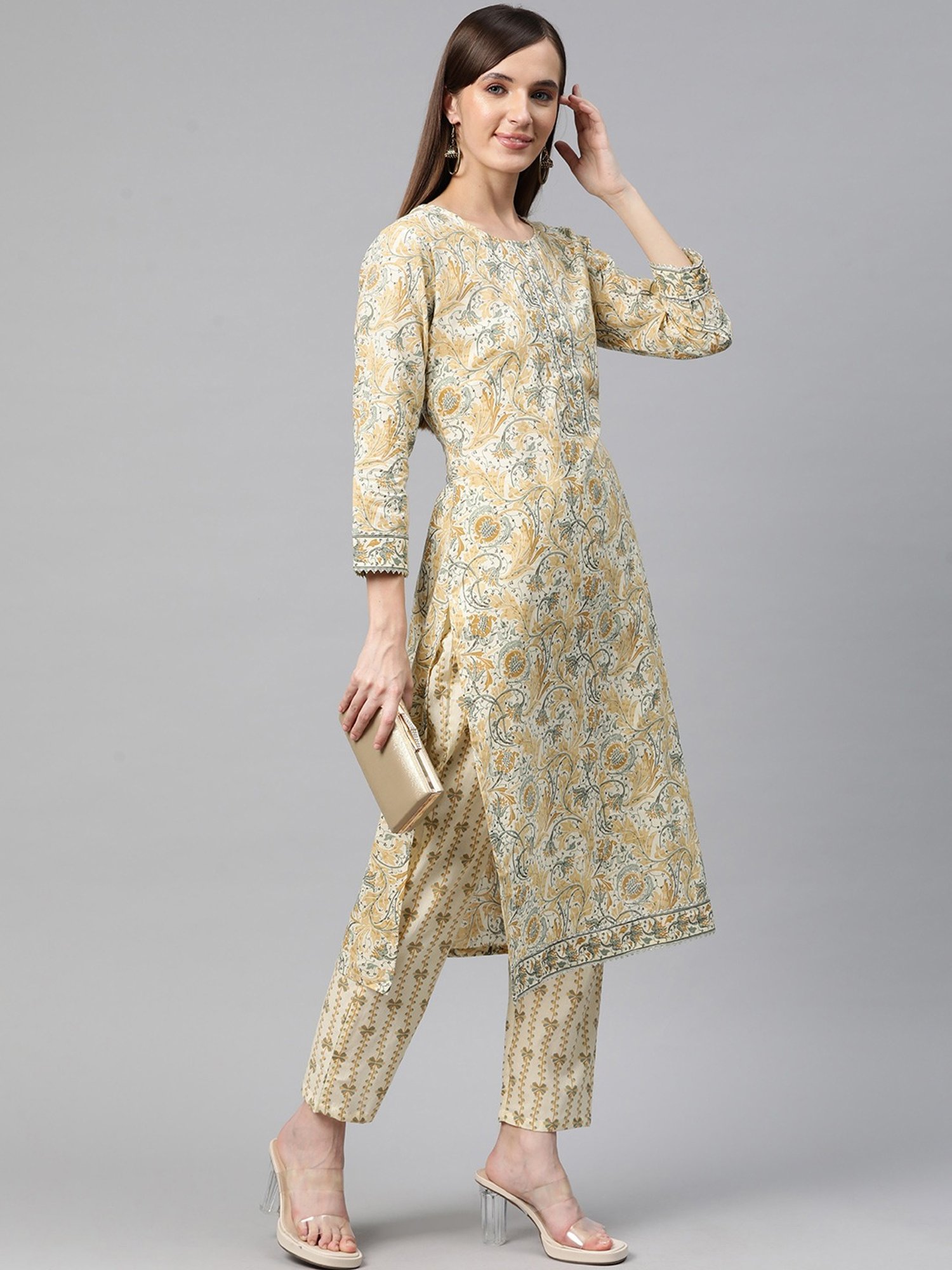 READIPRINT FASHIONS Beige Cotton Floral Print Kurta Pant Set