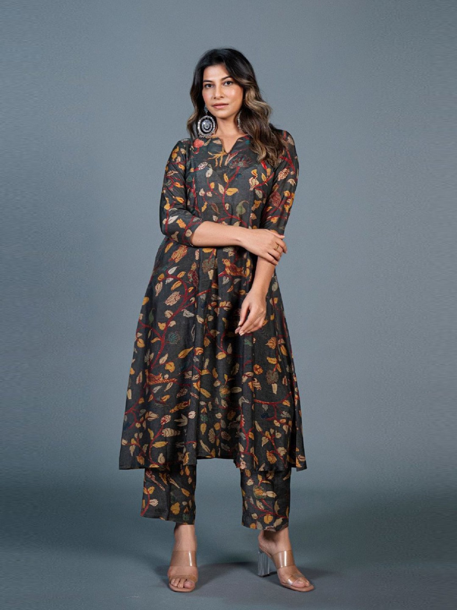 Eeshva India Dark Green Kalamkari Printed Kali Kurta