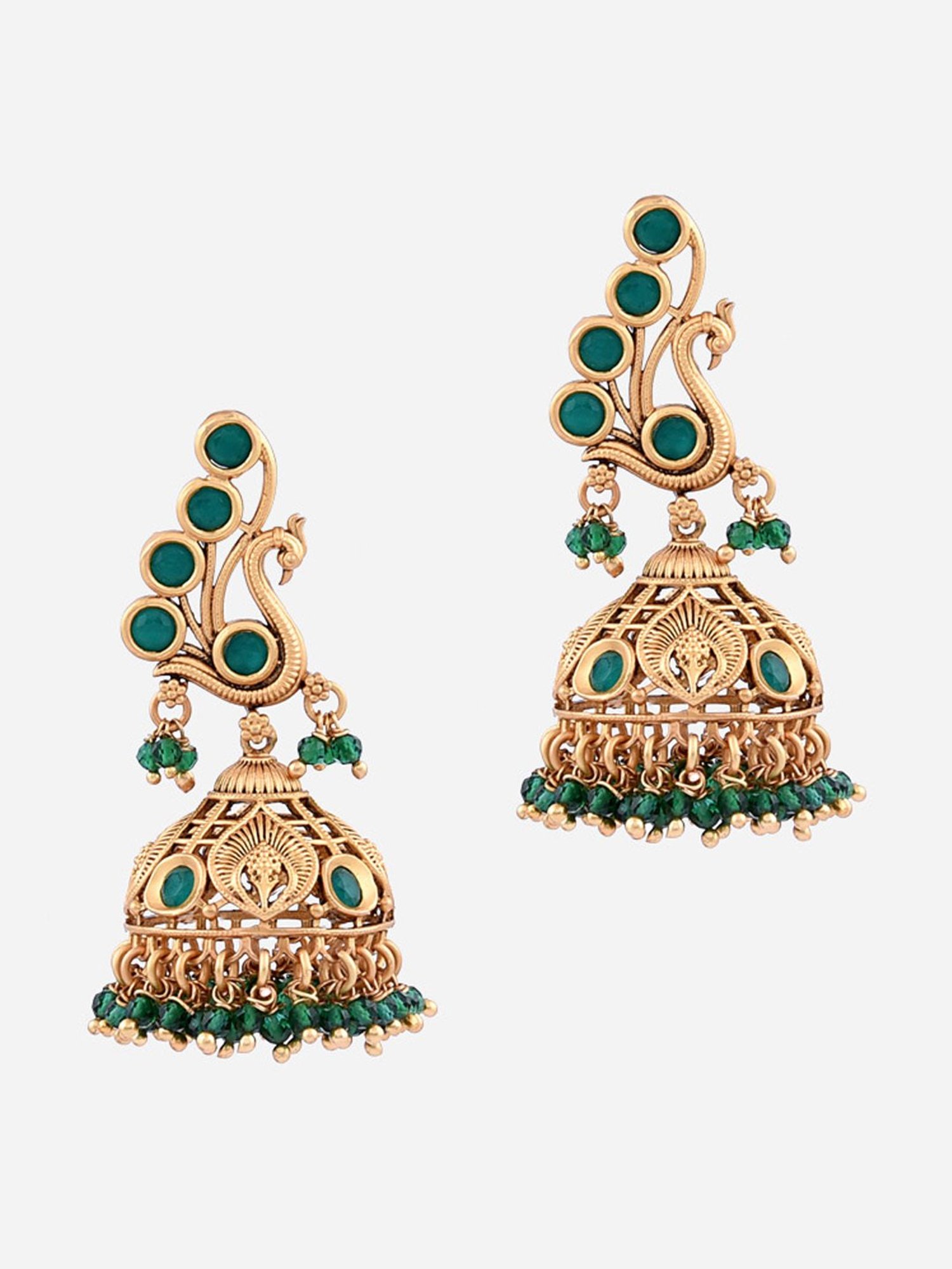 Fida Antique Emerald Stoned Peacock Temple Green Jhumki Earrings