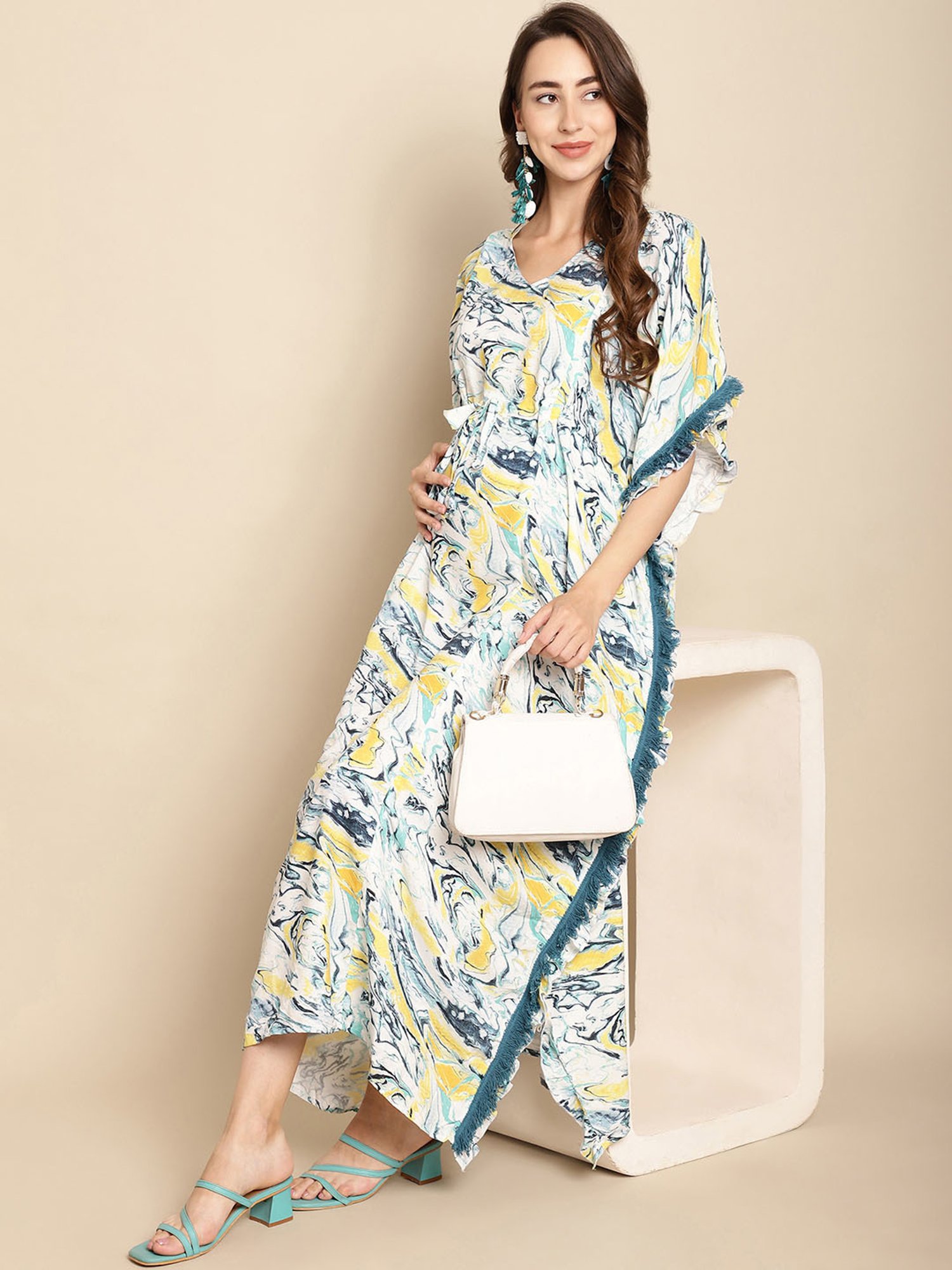 Secret Wish Off White Printed Maternity Kaftan Nighty
