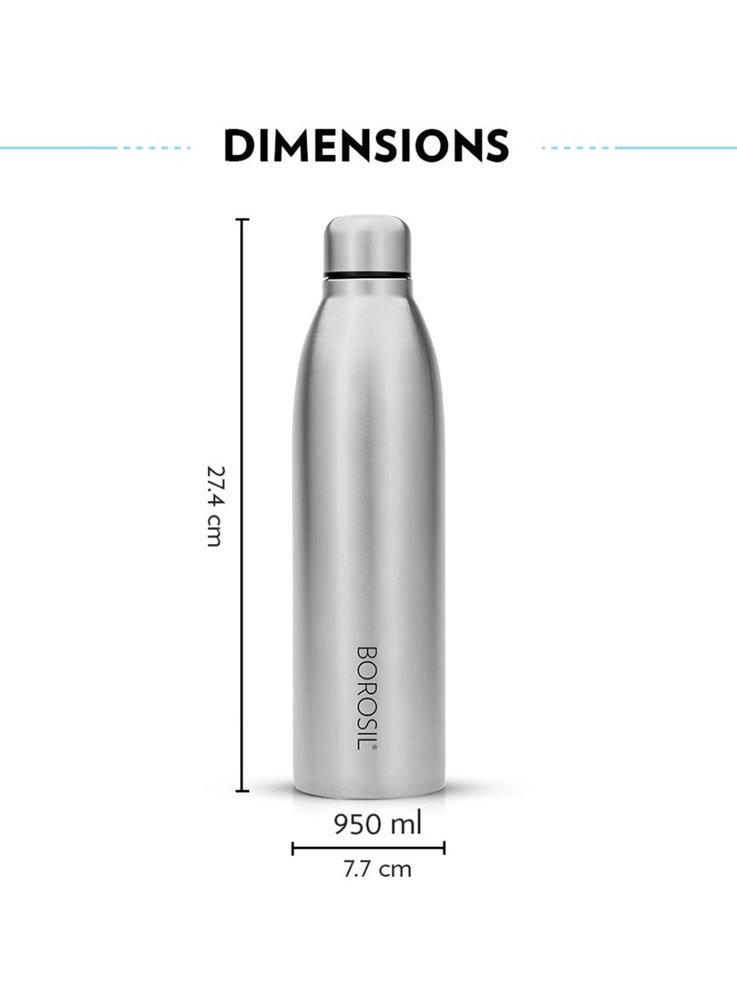 Borosil Water Bottle with Leak-Proof Set of 2 (Silver, 950 ml)