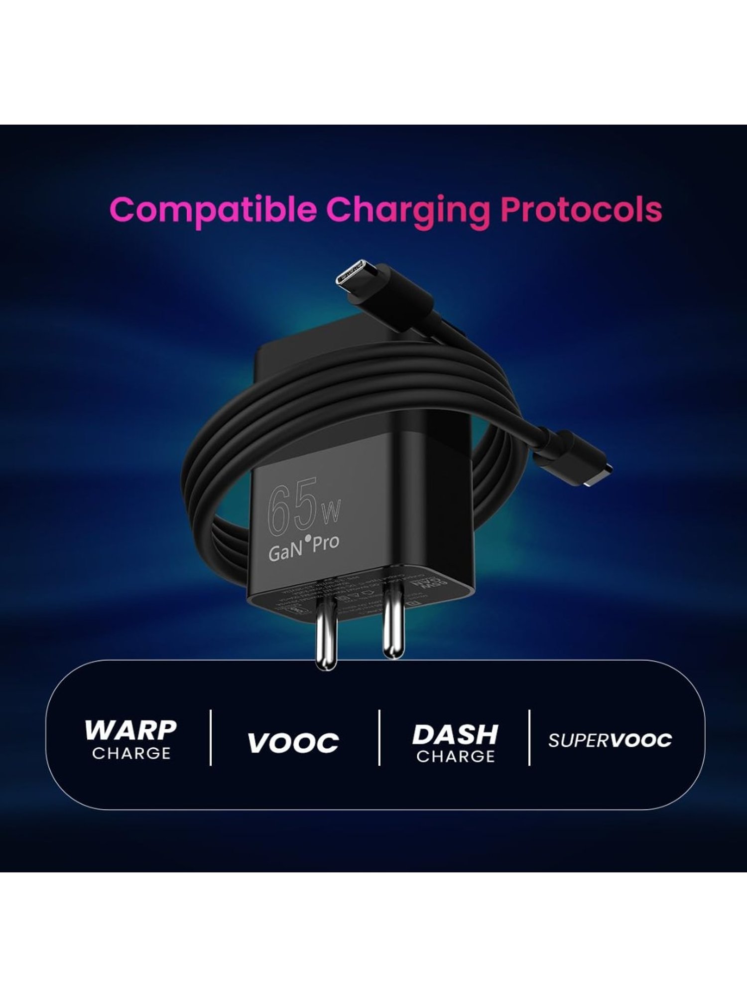 Portronics Adapto 65 Pro 65W Dual Ports Outputs GaN Fast Wall Charger with Cable (Black)