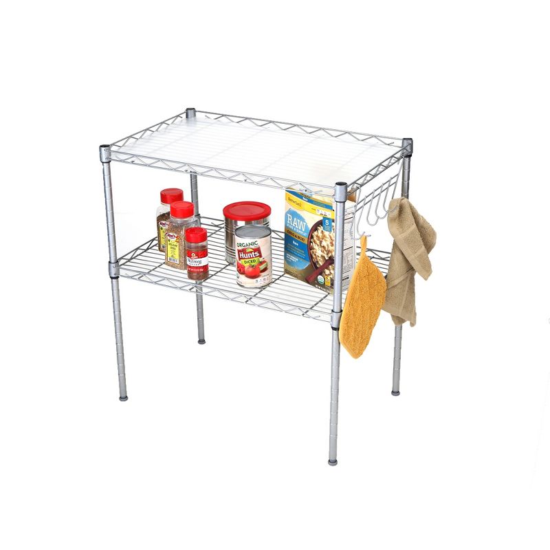 MIND READER 2-Tier Metal Rack Utility Shelf and Microwave Stand with Hooks on the Side (Silver)