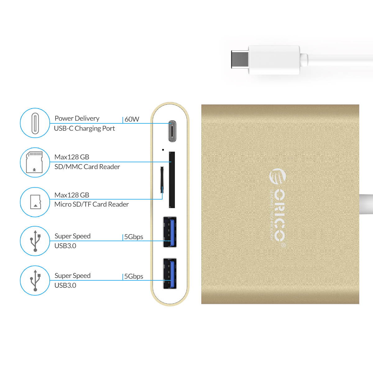 USB C Hub ORICO Portable USB-3.1 Type-C  HUB to 2-USB 3.0 Ports with SD/TF Memory Card Reader Type-C PD Charging Laptop Docking Stations for MacBook/New MacBook Pro/ChromeBook
