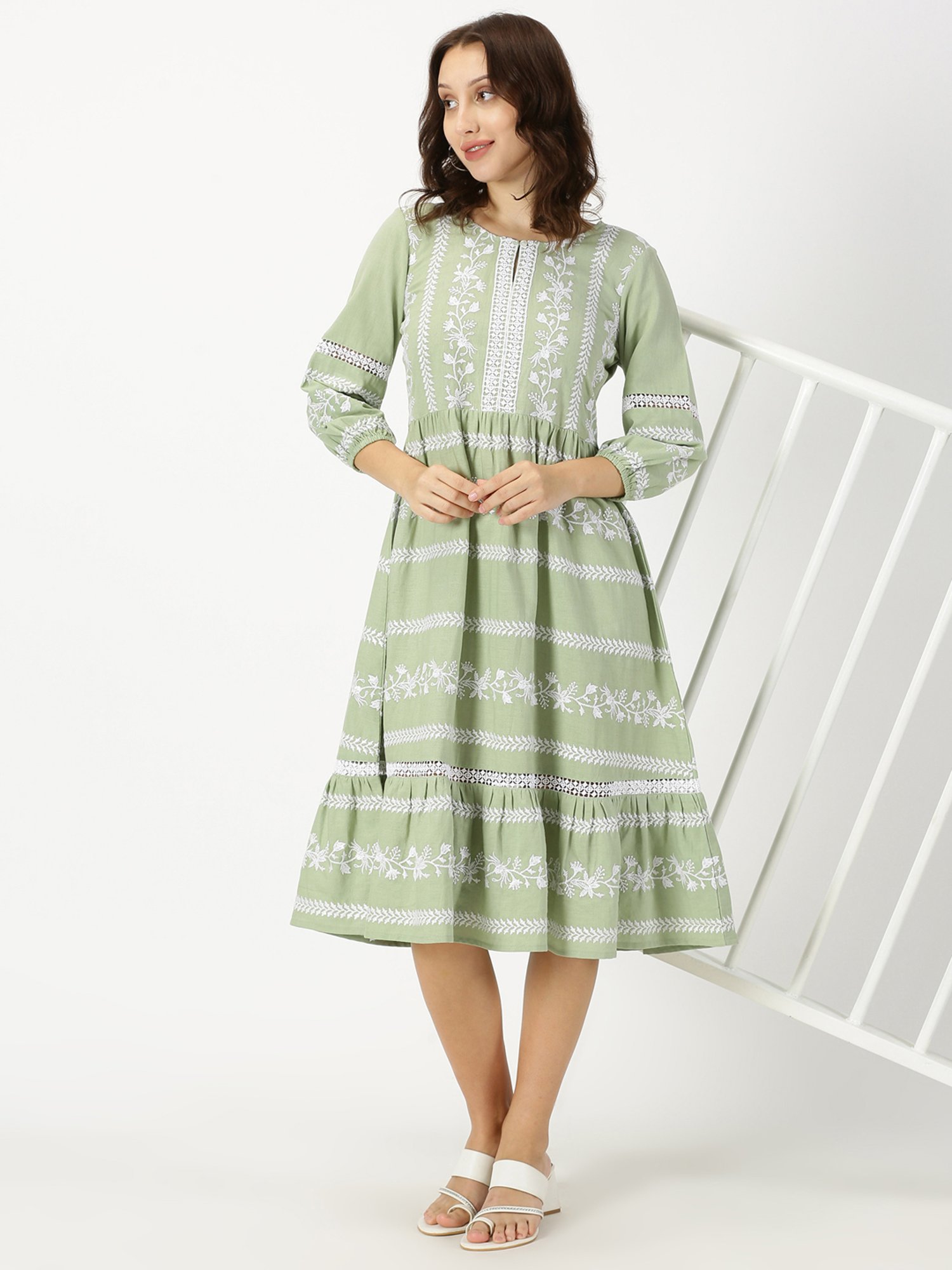 Saffron Threads Green Cotton Embroidered Ethnic Dress