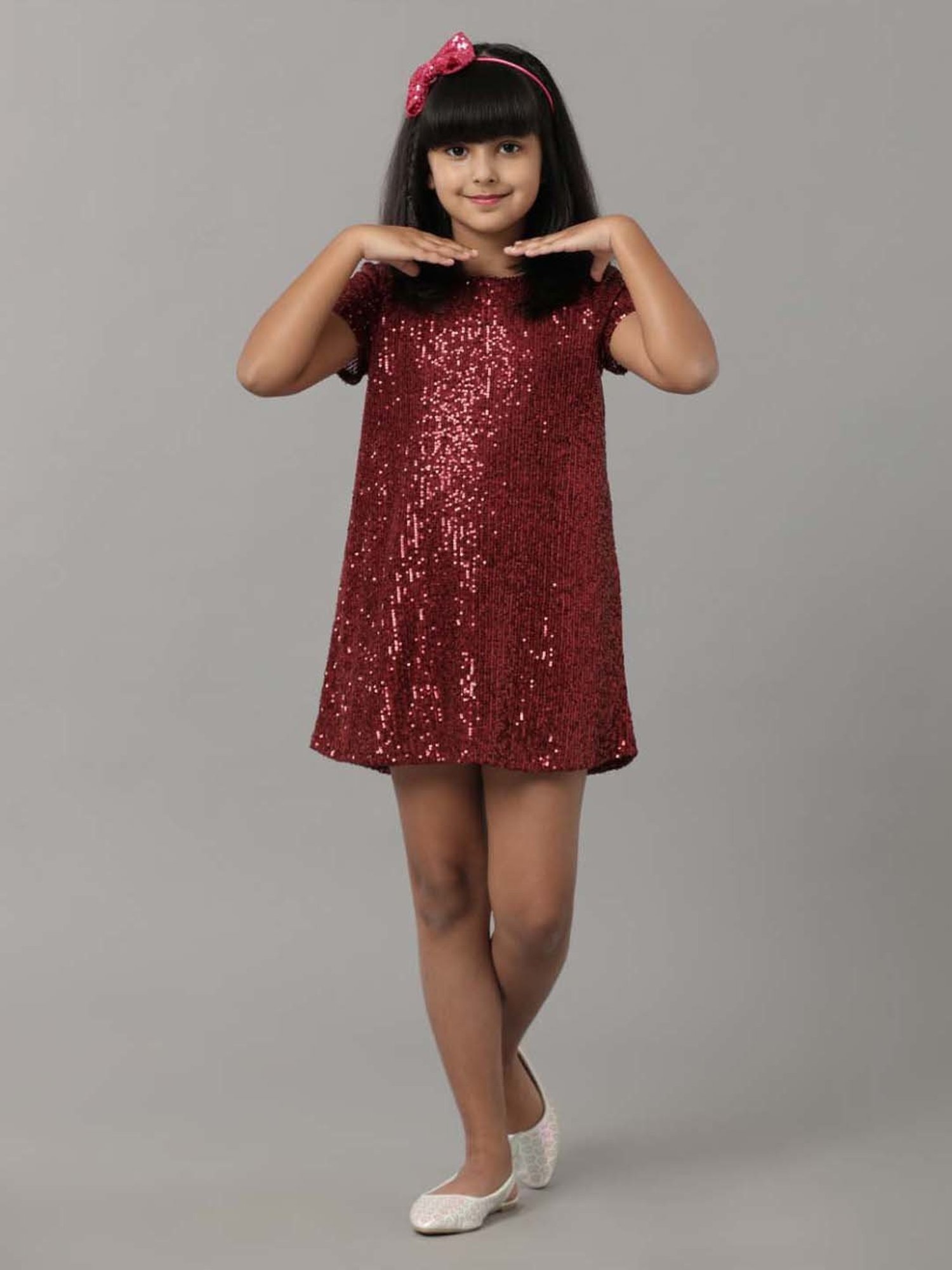 Under Fourteen Only Kids Maroon Embellished Dress