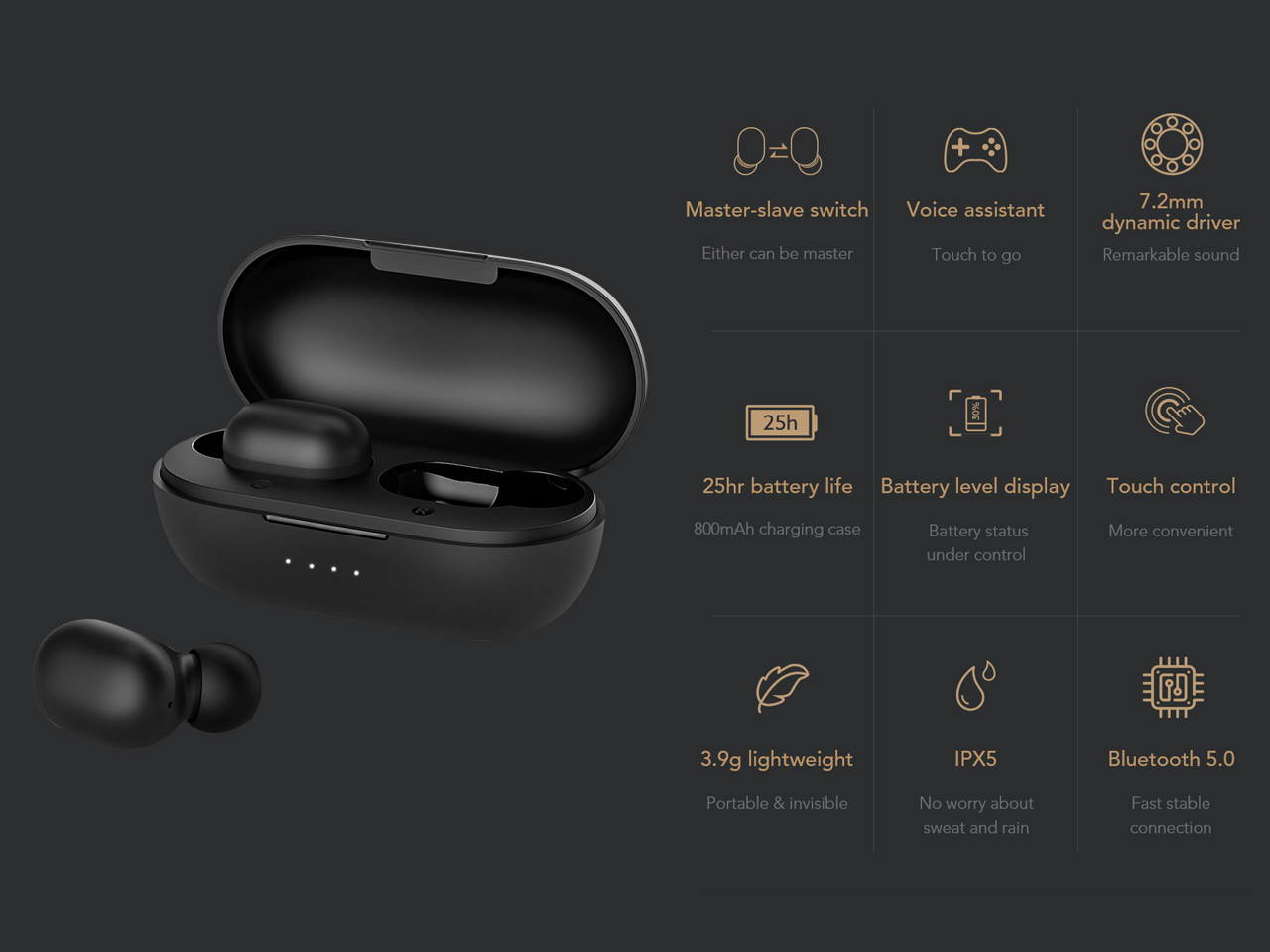 Haylou Bluetooth 5.0 Sports HD Stereo Touch Control Ear Buds,True Wireless Earbuds with IPX5 Waterproof,Bluetooth Headphones with Wireless Charging Case