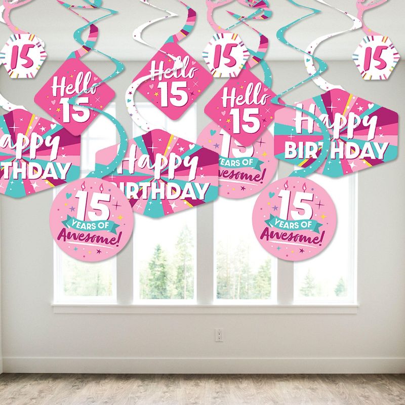 Big Dot of Happiness Girl 15th Birthday - Teen Birthday Party Hanging Decor - Party Decoration Swirls - Set of 40