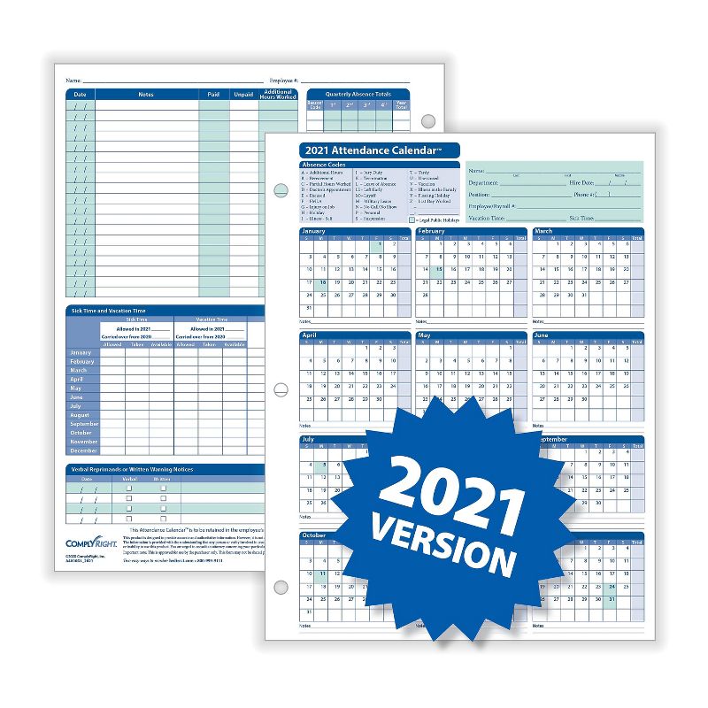 ComplyRight 2021 Attendance Calendar Kit, White, Pack of 50 (A1411W16PK50) 