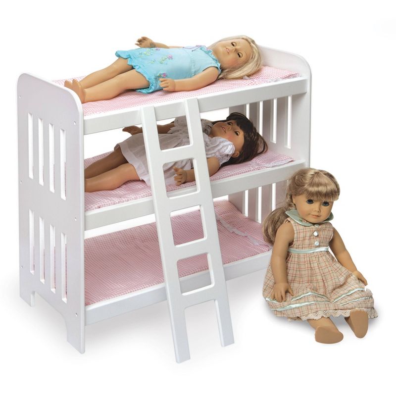 Badger Basket Triple Doll Bunk Bed with Ladder, Bedding, and Free Personalization Kit - Pink Gingham