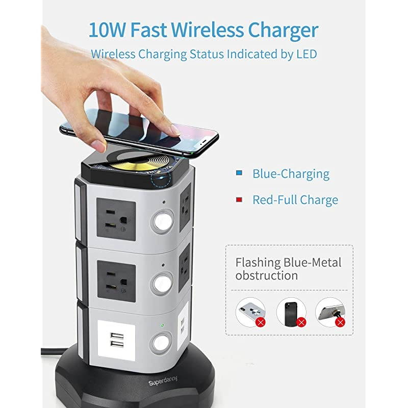 Power Strip Tower with 10W Wireless Charger Surge Protector Tower 3000W 13A with 10 Outlet + 4 USB Ports and 65ft Retractable Cable Desktop Charging Station for Home Office Dorm
