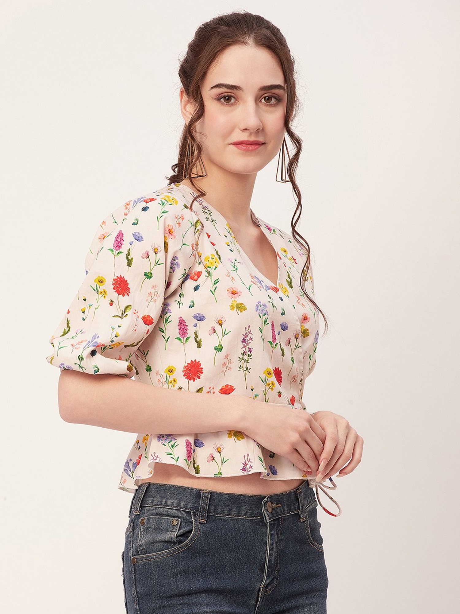 Moomaya Off White Floral Print Crop Top