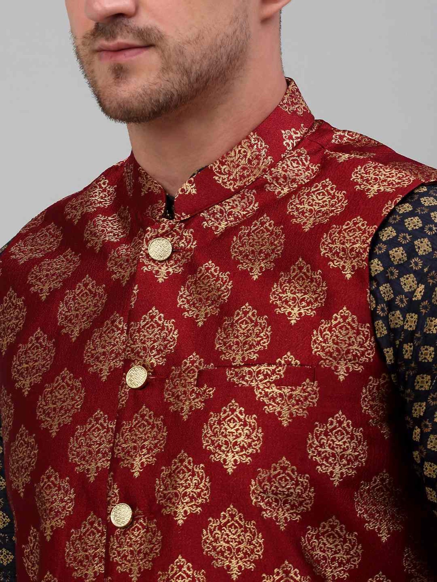 Jompers Maroon Regular Fit Printed Nehru Jacket
