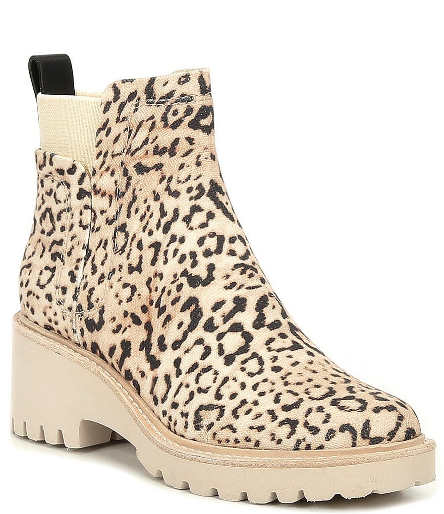 Dolce Vita Huey Leopard Print Canvas Block Heel Lug Sole Chelsea Booties