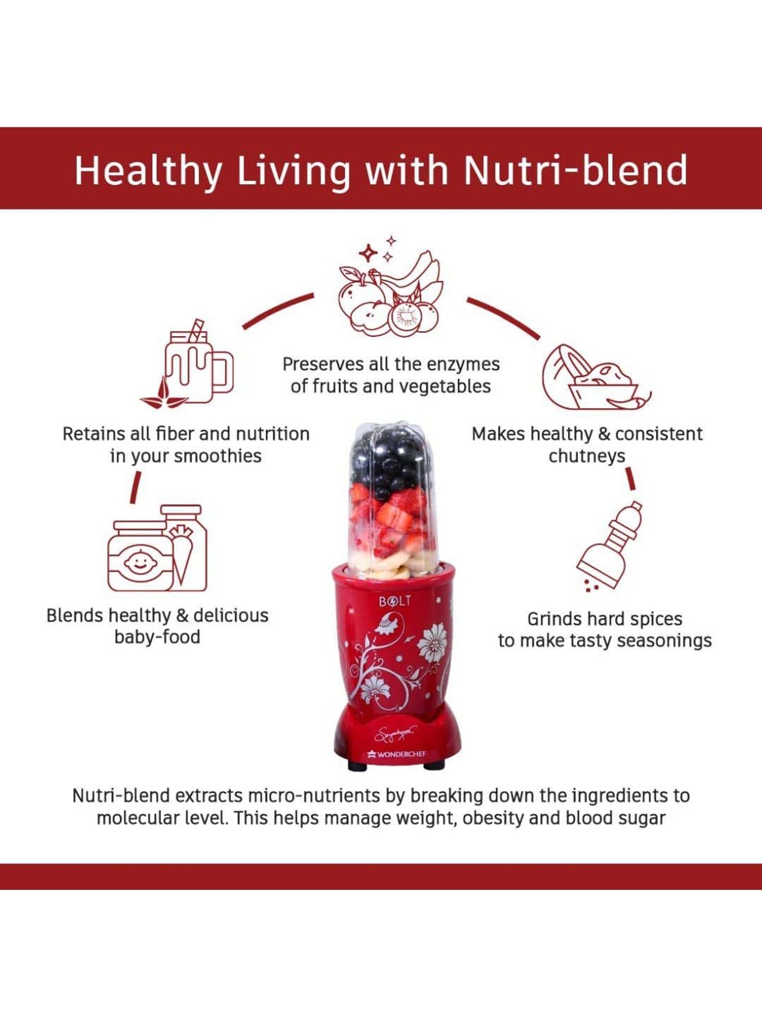 Wonderchef Nutri-Blend BOLT 22000 RPM Mixer-Grinder with 2 unbreakable Jars & Sipper lid (600W, Red)