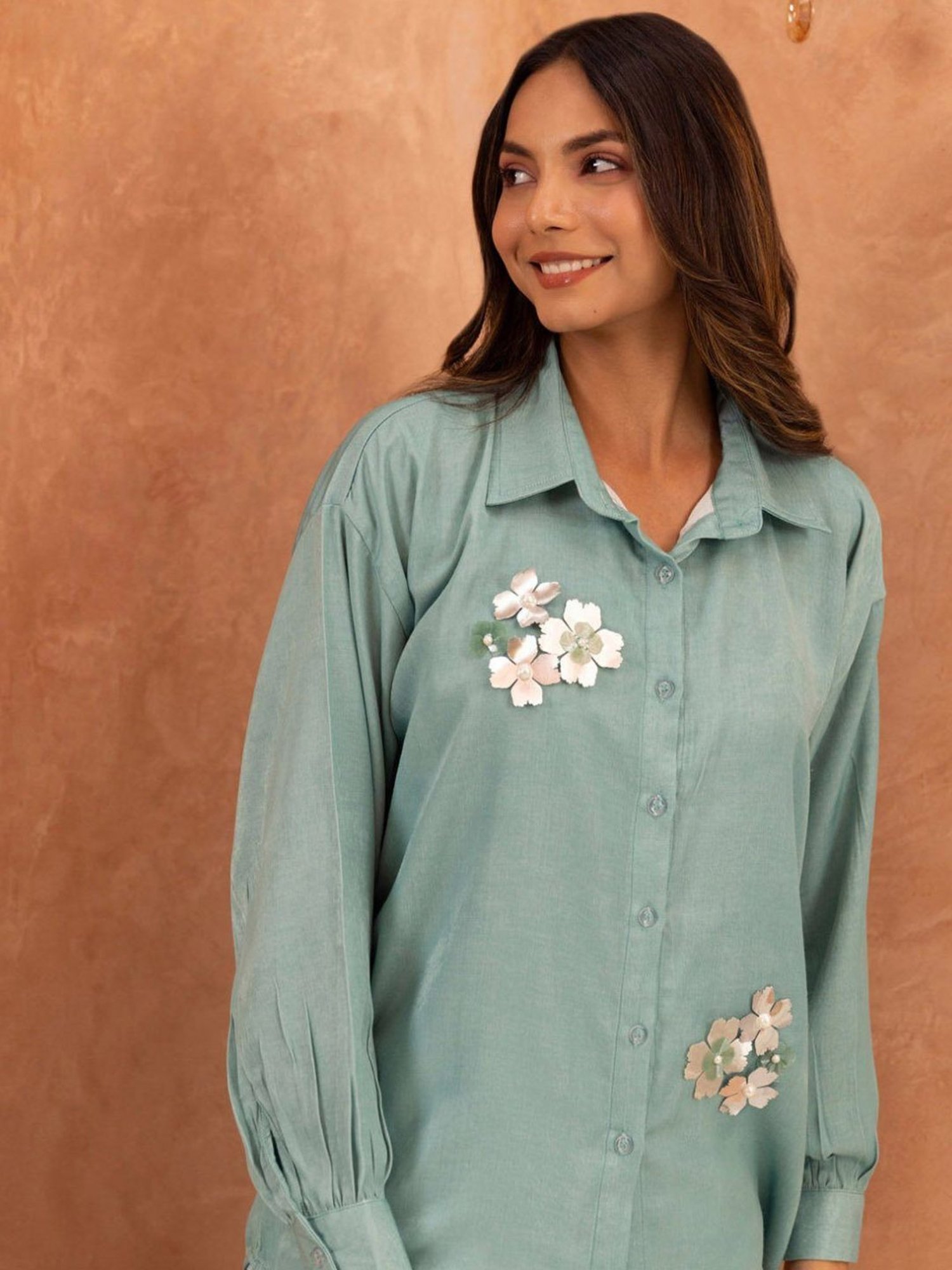 BInfinite Teal Ivory Embellished Shirt