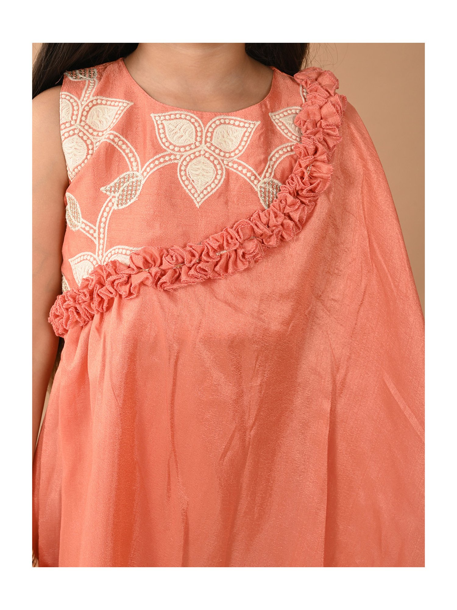 LilPicks Kids Peach Embroidered Full Sleeves Kurta with Sharara