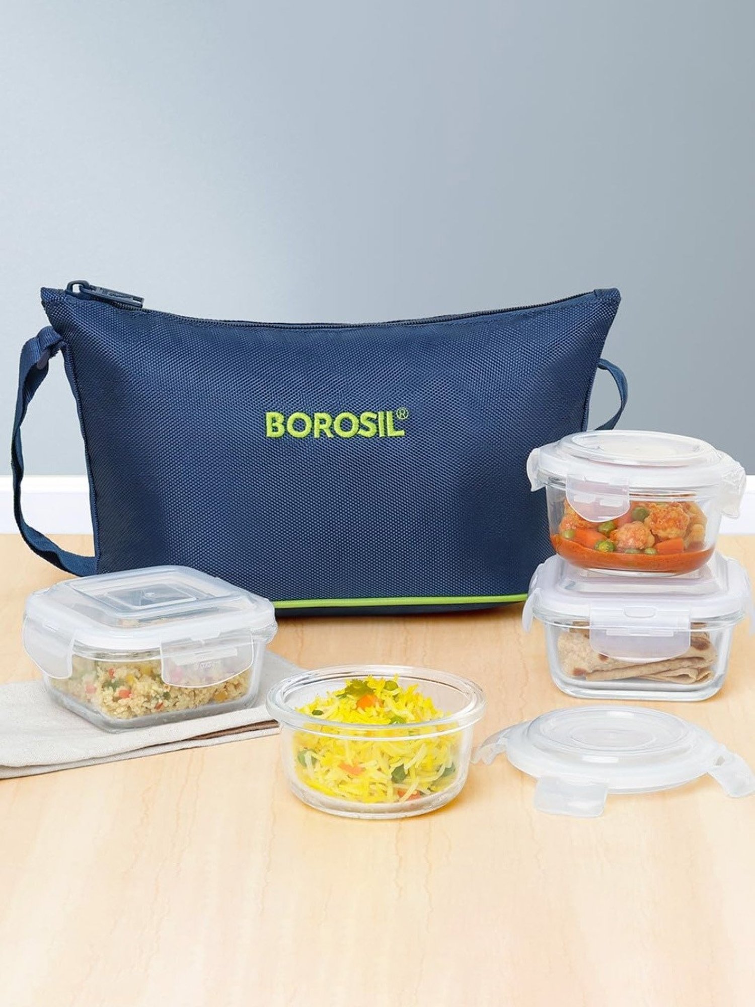 Borosil Glass Daisy Tiffin Box with Microwave Safe Set of 4 (Green , 320 ml)