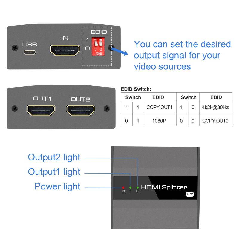 HDMI Splitter 1 in 2 Out ,KUYiA 4K Aluminum Ver1.4 HDCP, Powered HDMI Splitter Supports 3D 4K@30HZ Full HD1080P for Xbox PS4 PS3 Fire Stick Roku Blu-Ray Player Apple TV HDTV