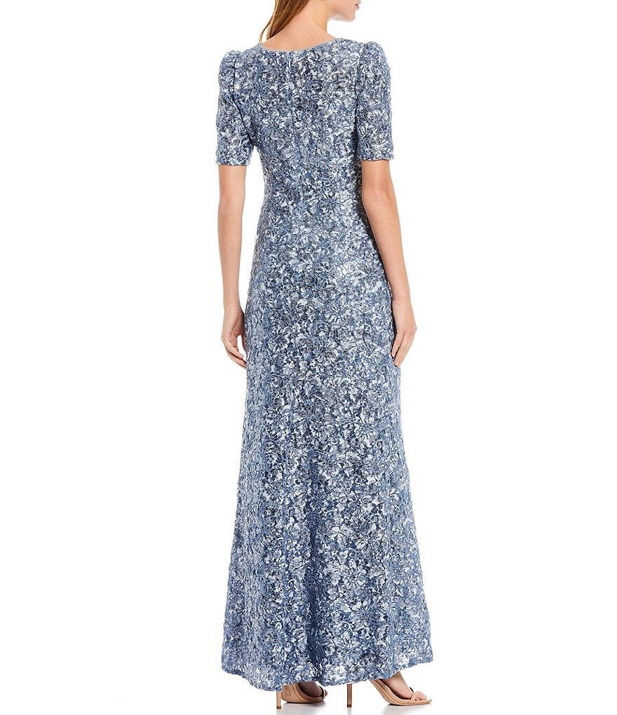 Xscape Short Ruched Puff Shoulder Boat Neck Gown