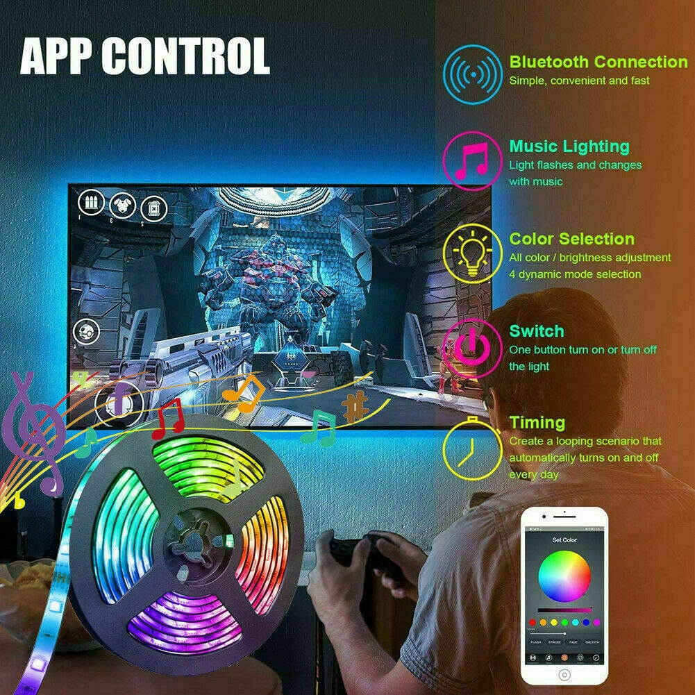 LED Strip Lights 16 FT Bluetooth APP Remote 3528 RGB Backlight Waterproof