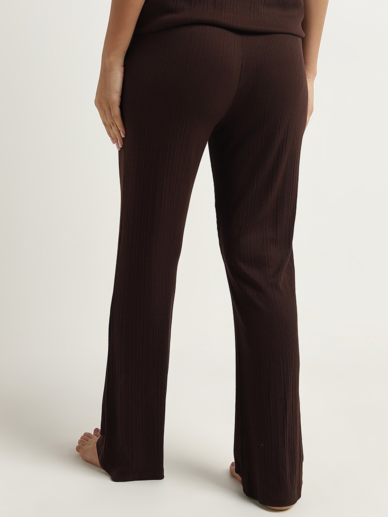 Wunderlove by Westside Dark Brown Ribbed Textured High-Rise Pants