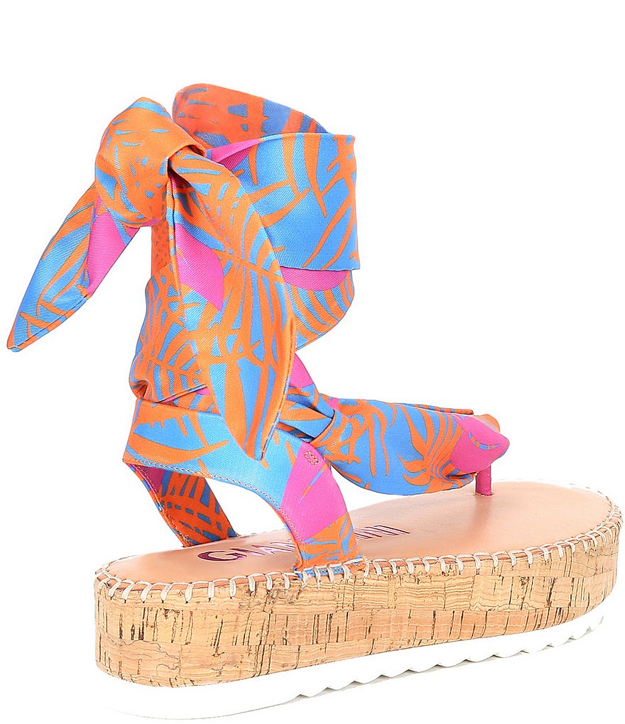 Gianni Bini Turnie Tiki Palm Print Satin Scarf Ankle Wrap Flatform Sandals