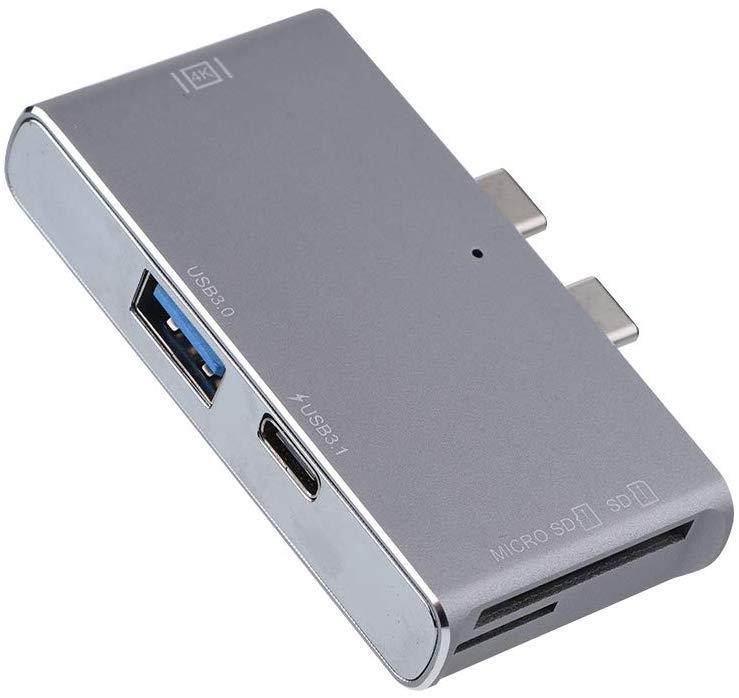 Zerone Multiport USB C Adapter, Dual Type-C HUB to HDMI 4K HUB + Card Reader + Thunderbolt 3 Interface Grey