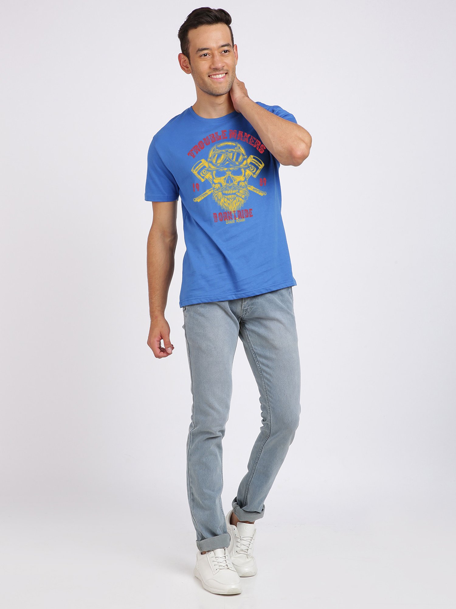 BLACK RADIO Royal Blue Slim Fit Printed Cotton Crew T-Shirt
