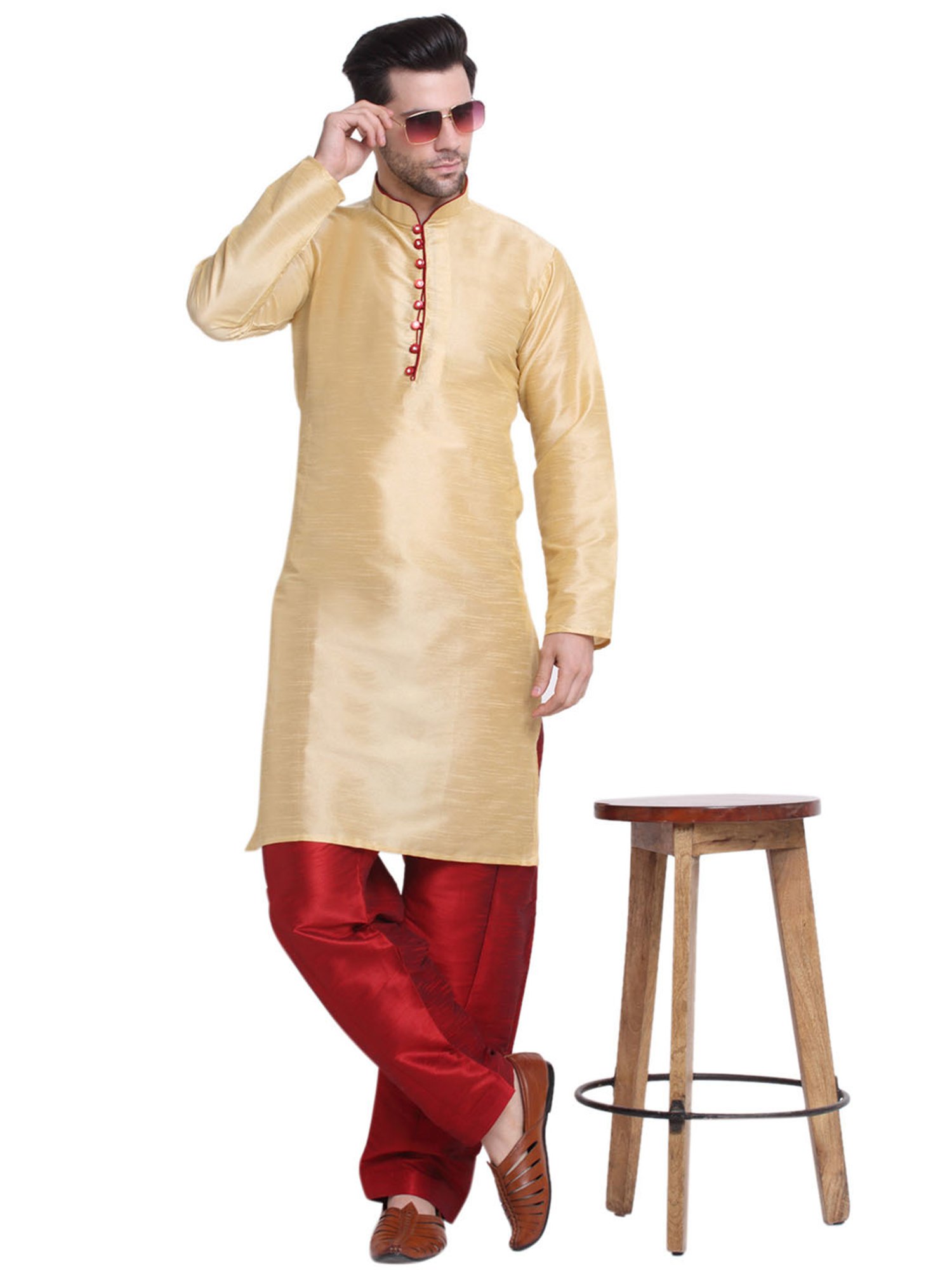 Benstoke Gold & Maroon Regular Fit Straight Kurta & Pyjamas Set
