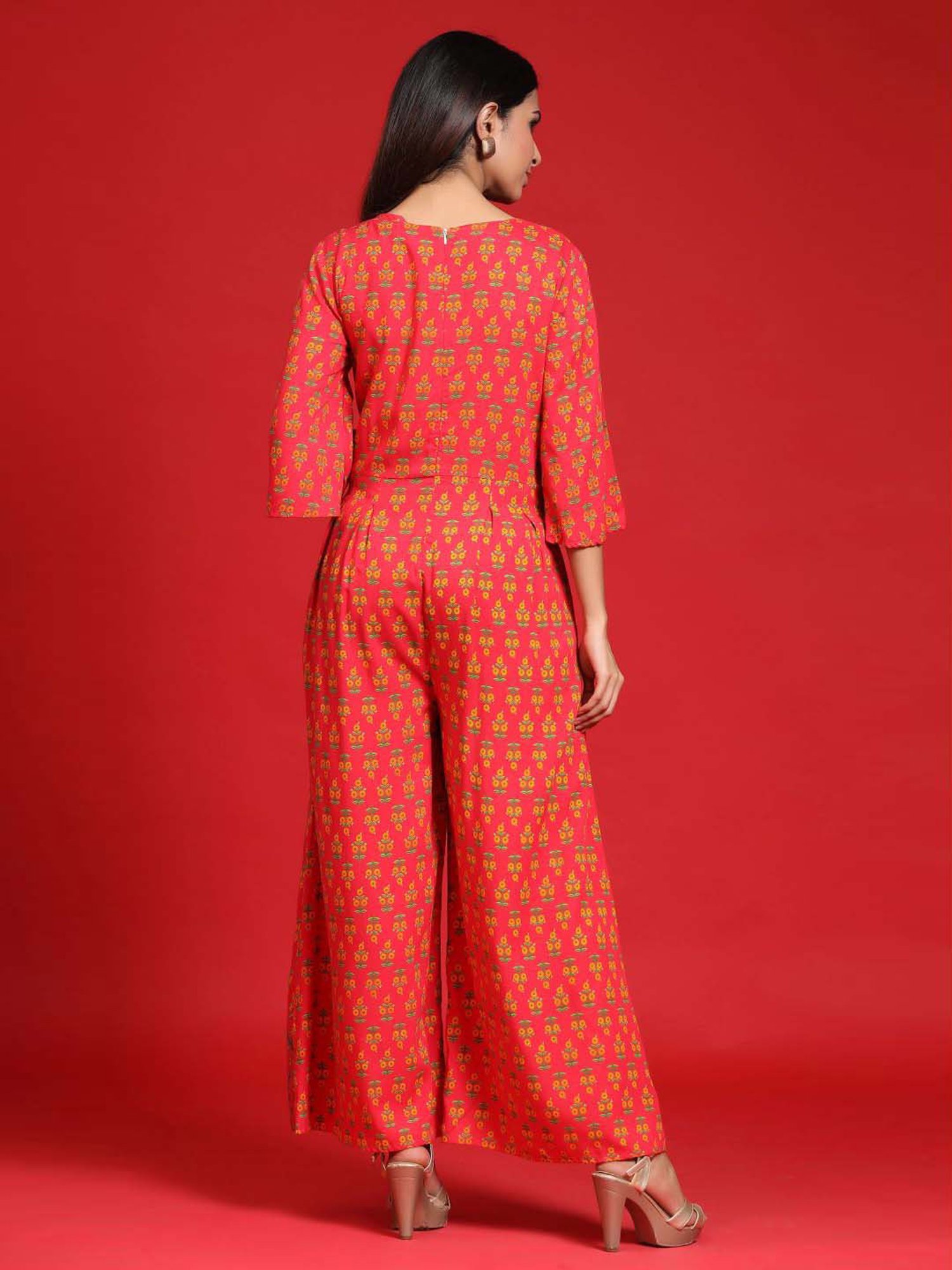 Juniper Coral Ethnic Motif Printed Rayon Flared Jumpsuit