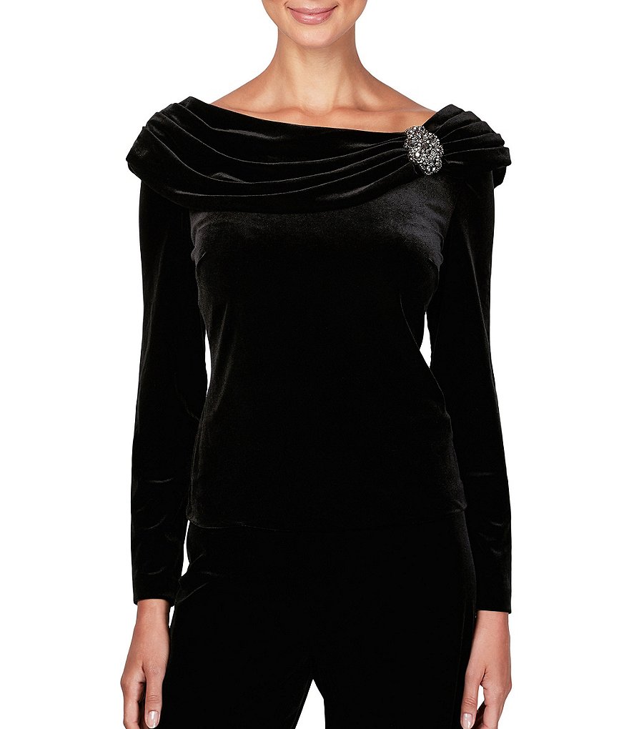 Alex Evenings Stretch Velvet Long Sleeve Ruched Beaded Accent Collar Boat Neck Blouse