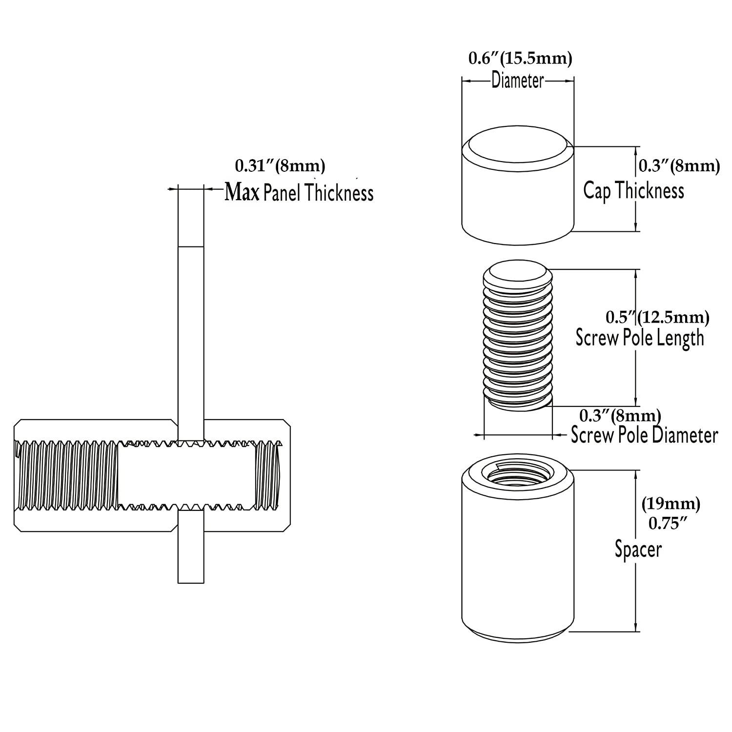 TOPNIKE Sign Standoff 3/5"x 3/4",Aluminium Caps&Spacer Sign Standoffs,Silver Aluminum, for Acrylic,Glass,PVC,Glass Panel,Wood,Pack of 4