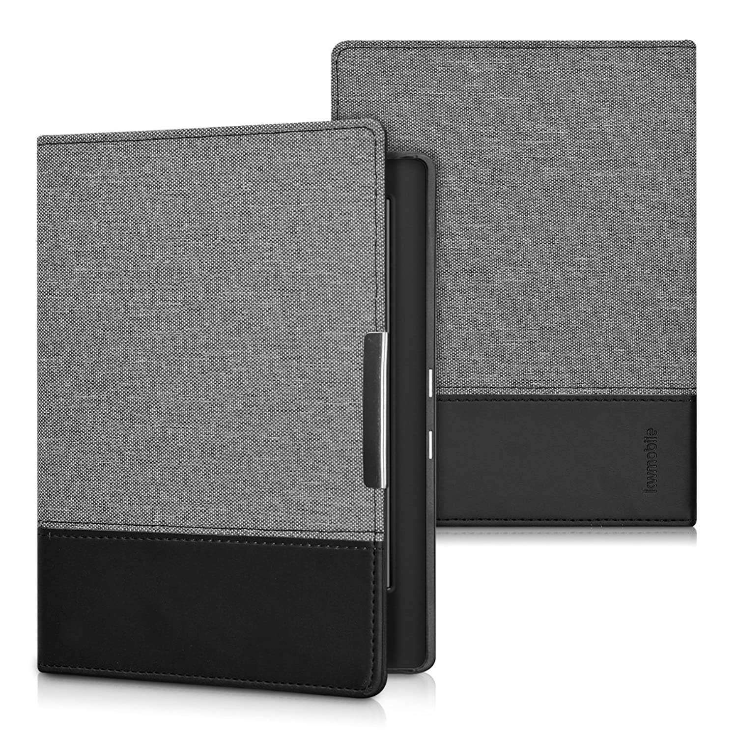 kwmobile Case Compatible with Kobo Aura H2O Edition 1 - PU Leather and Canvas e-Reader Cover - Dark Grey/Black