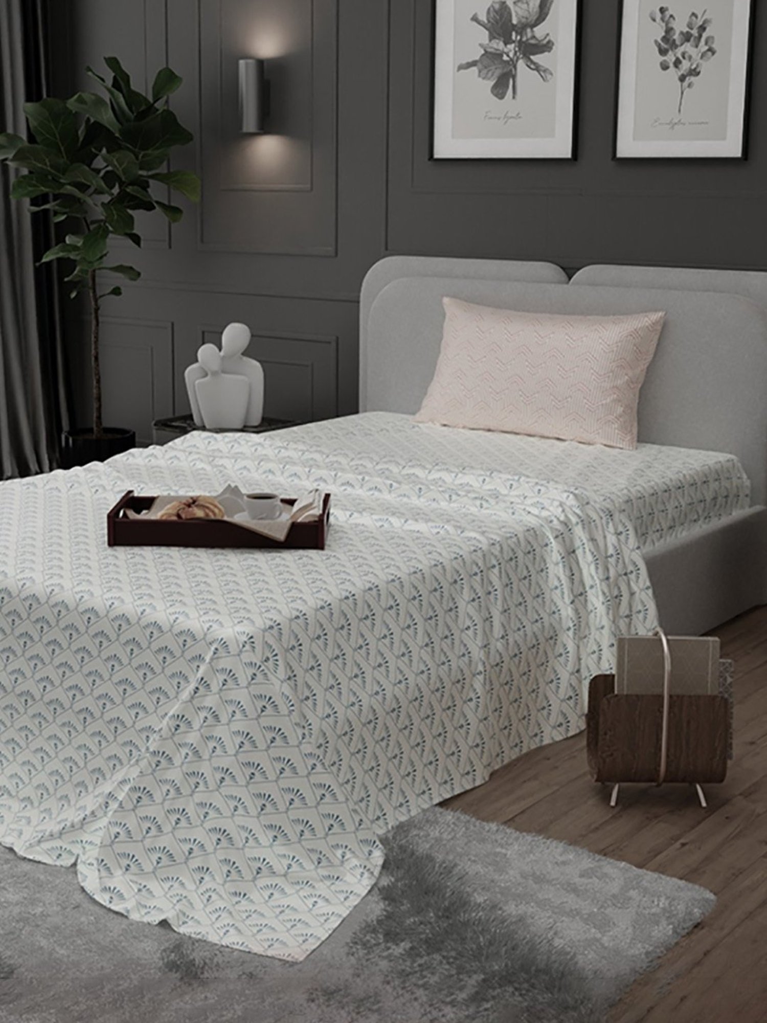 Stoa Paris Elegance Blue Polyester 300 TC Sateen Single Size Bed Sheet With 1 Pillow Cover