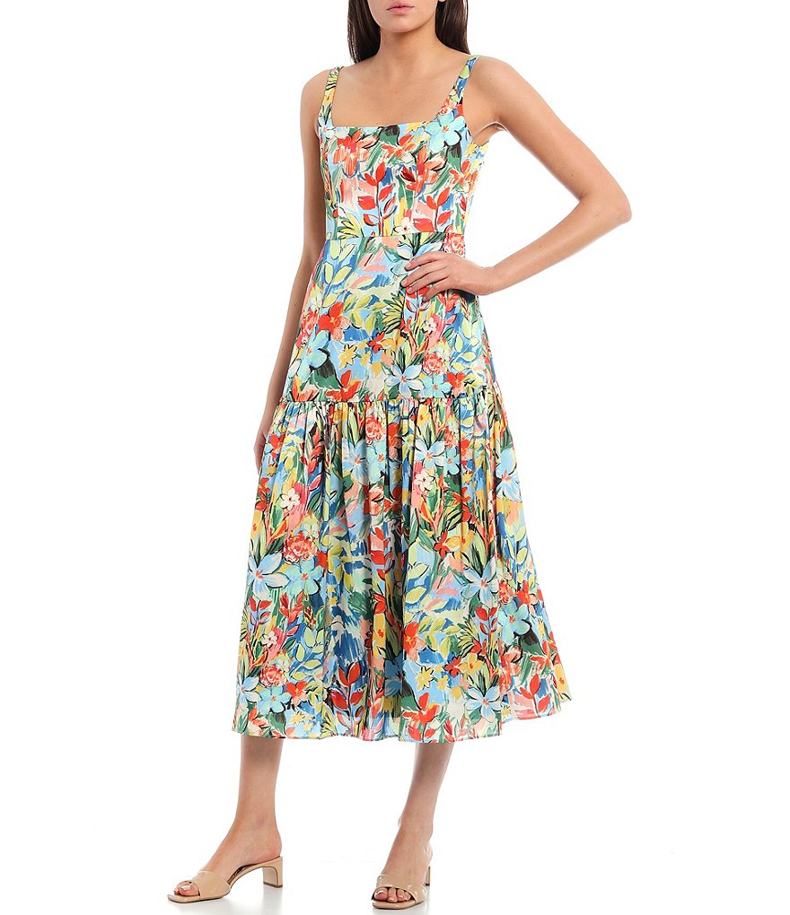 Aidan Aidan Mattox Floral Square Neck Sleeveless Printed Satin Tiered Midi Dress