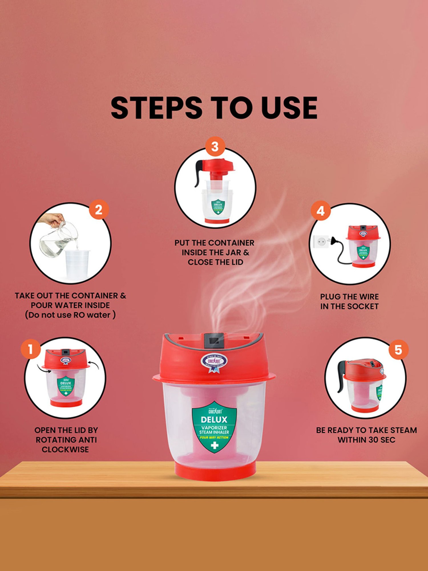 Crescent Delux Facial Steamer Vaporizer for Cold & Cough, Separate Water Container (Red)