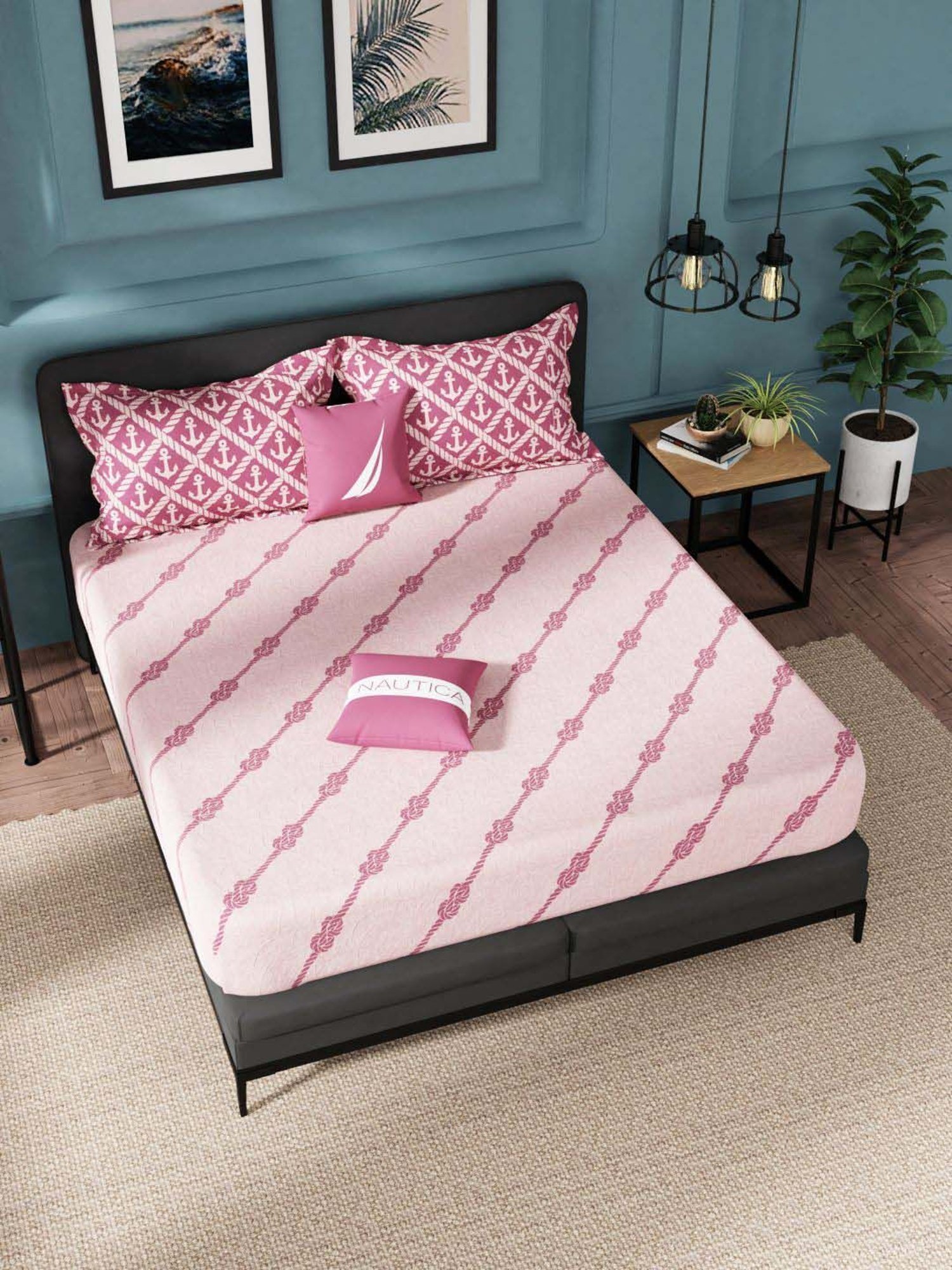 House This Juniper Blue Cotton 600 TC Double Size Bedsheet With Pillow Covers