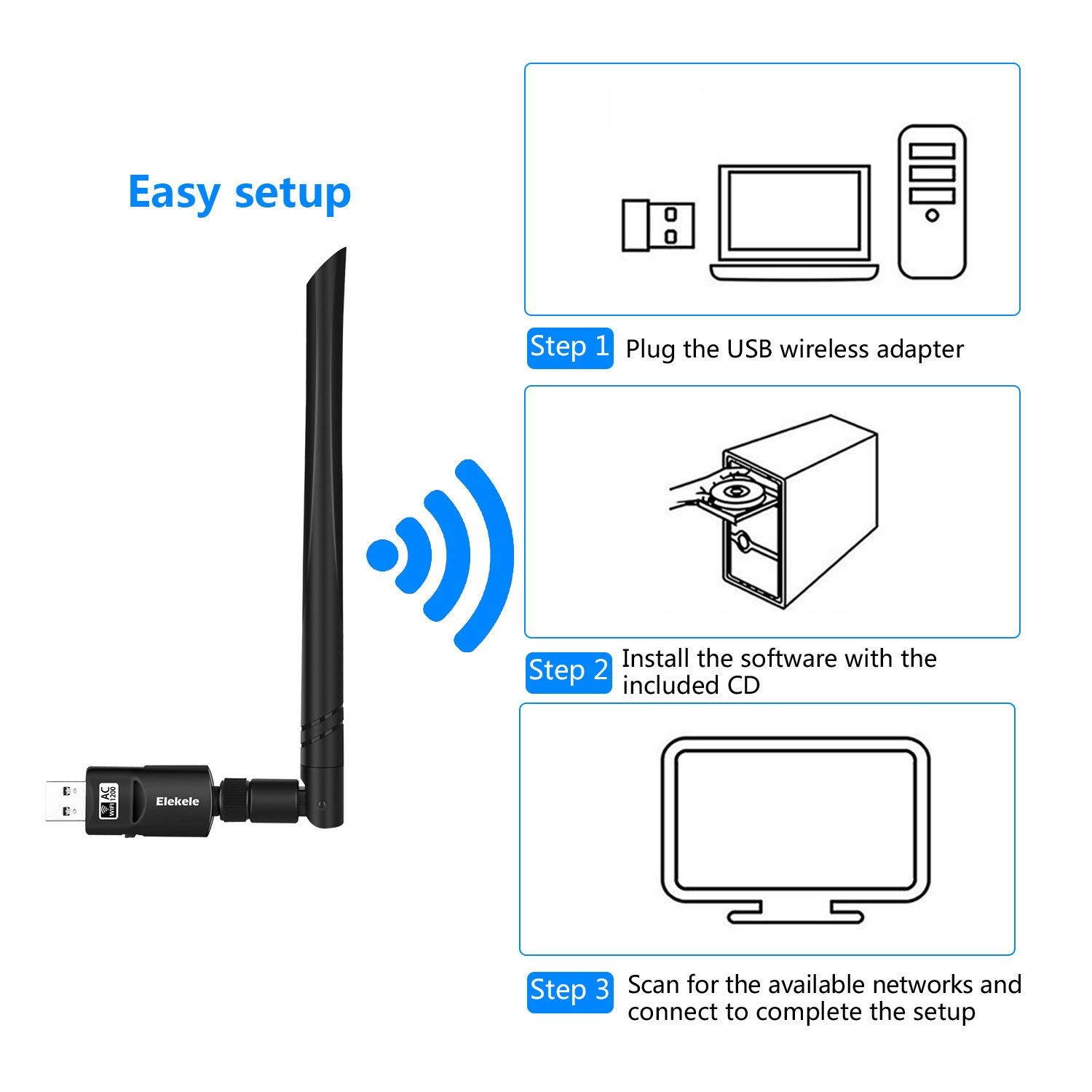 USB Wifi Adapter, 1200Mbps USB 3.0 Wifi Dongle 802.11 ac Wireless Network Adapter with Dual Band 2.4GHz/300Mbps+5GHz/866Mbps 5dBi High Gain Antenna for Desktop Windows XP/Vista/7/8/10 Linux Mac