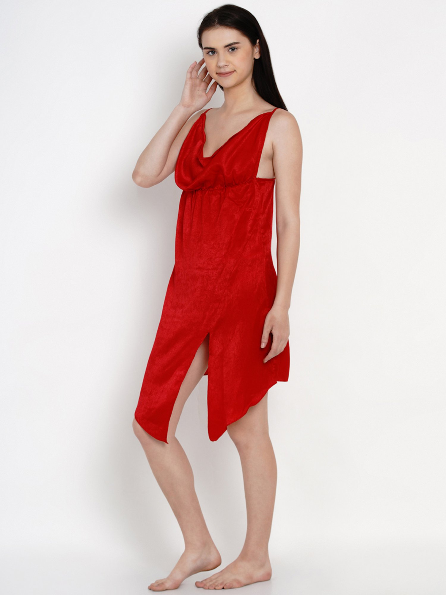 Erotissch Red Solid Cowl Neck Babydoll