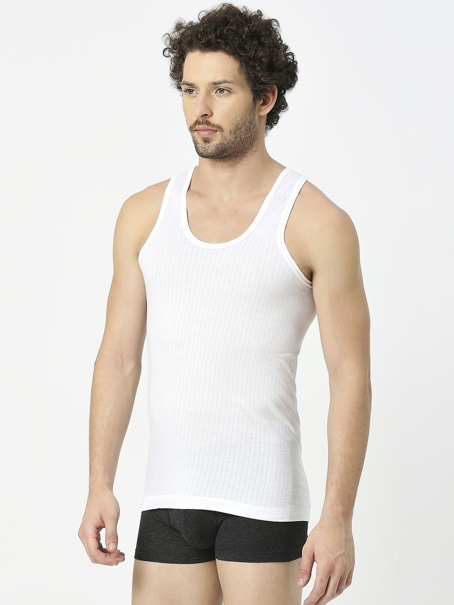 Frenchie White Cotton Skinny Fit Vest - Pack Of 2