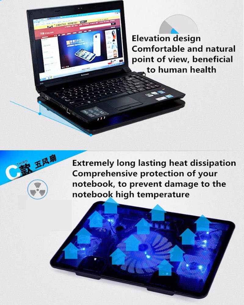 NAJU N5 Laptop Cooling Pad for 12-17 Inch Laptop with 5 Quiet Cooling Fans, Ergonomic Comfort Notebook Cooler, Light-Weight Gaming Laptop Cooler Stand