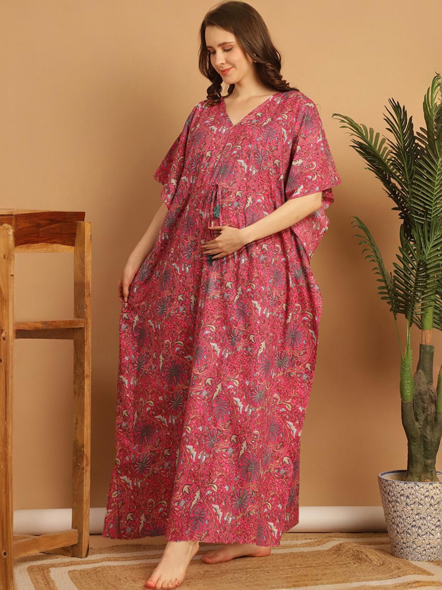 Secret Wish Pink Cotton Floral Print Kaftan