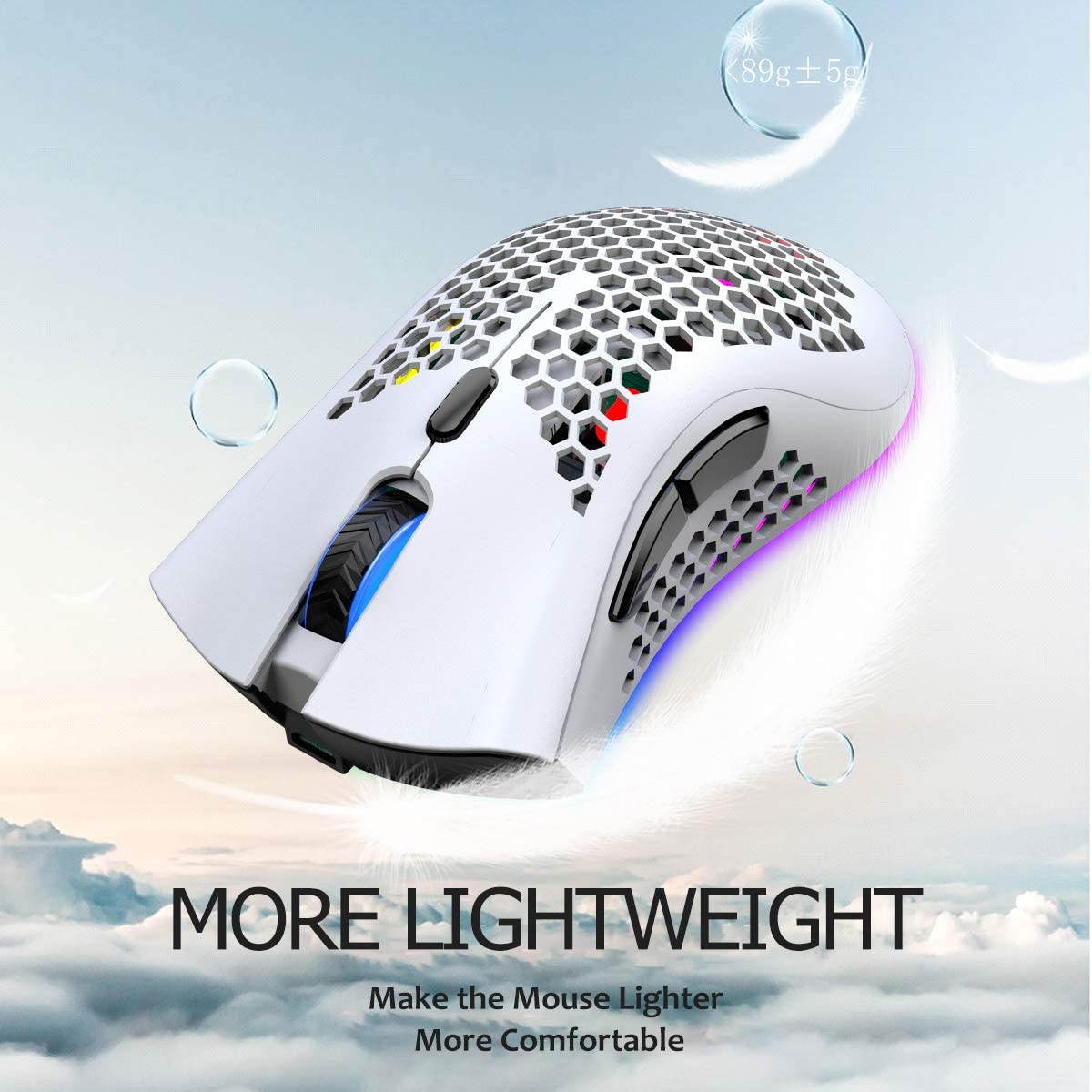 Wireless Lightweight Gaming Mouse Honeycomb with 7 Button Multi RGB Backlit Perforated Ergonomic Shell Optical Sensor Adjustable DPI Rechargeable 800 mAh Battery USB Receiver for PC Mac Gamer