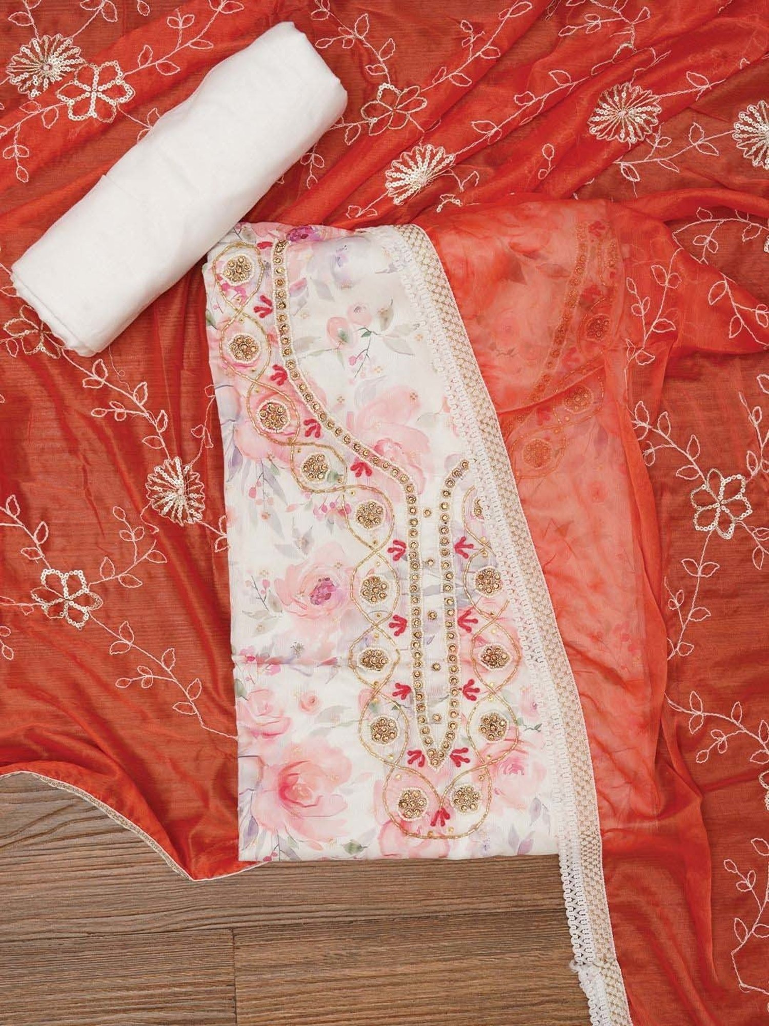 Jaipur Kurti White & Orange Embellished Unstitched Dress Material